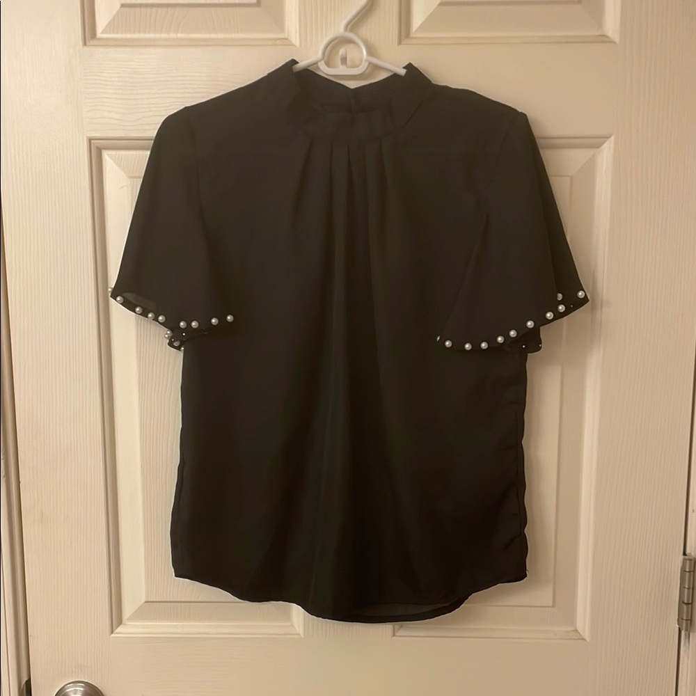 Elegant Black Women's Top with Pearl Accents